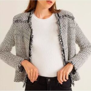 Mango MNG Balboa Tweed Sweater Jacket Blazer XS Career Office Frayed Hem Classic